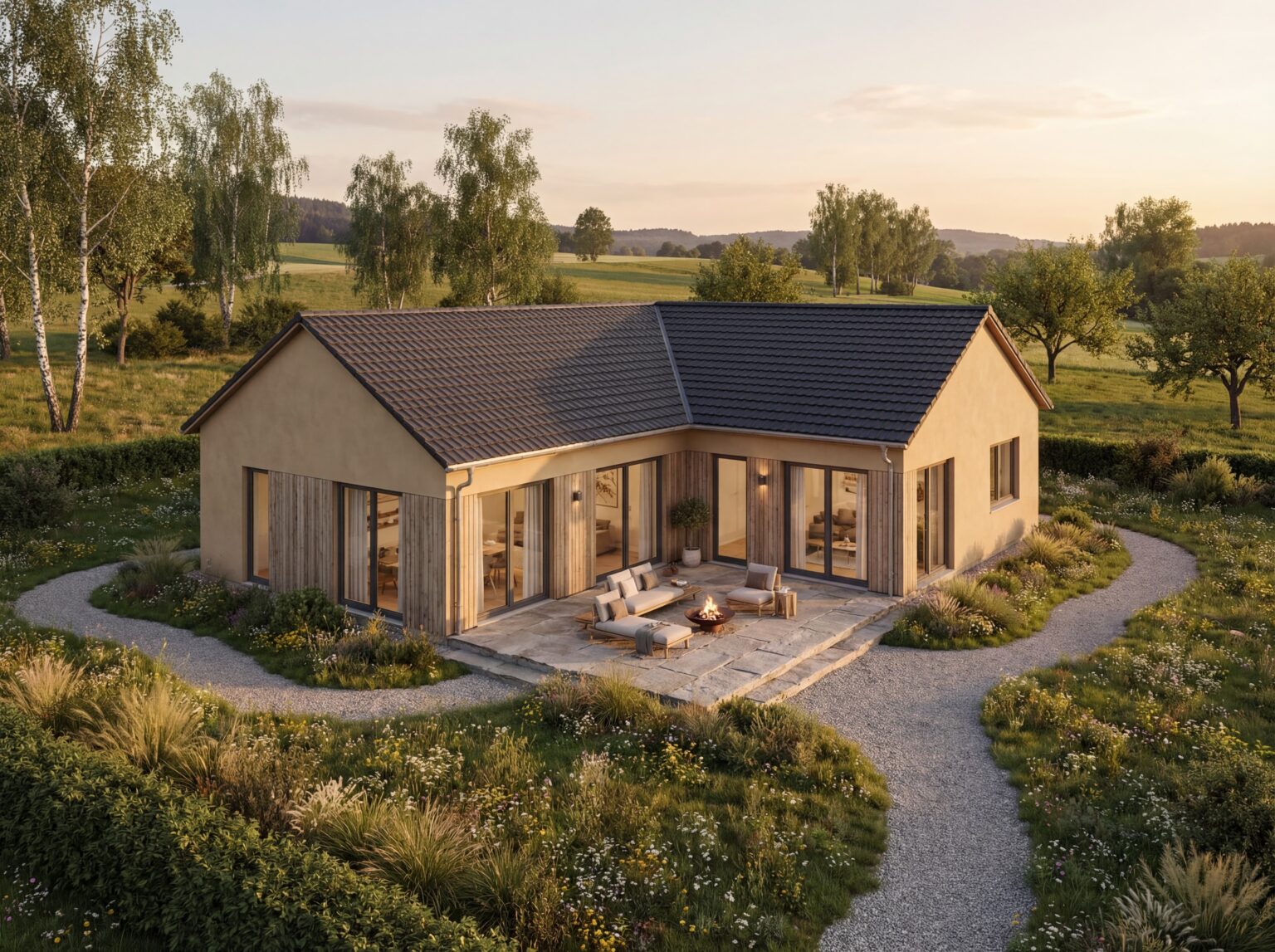 Modernes Einfamilienhaus mit Holzfassade, großer Terrasse und Feuerstelle im naturnahen Garten