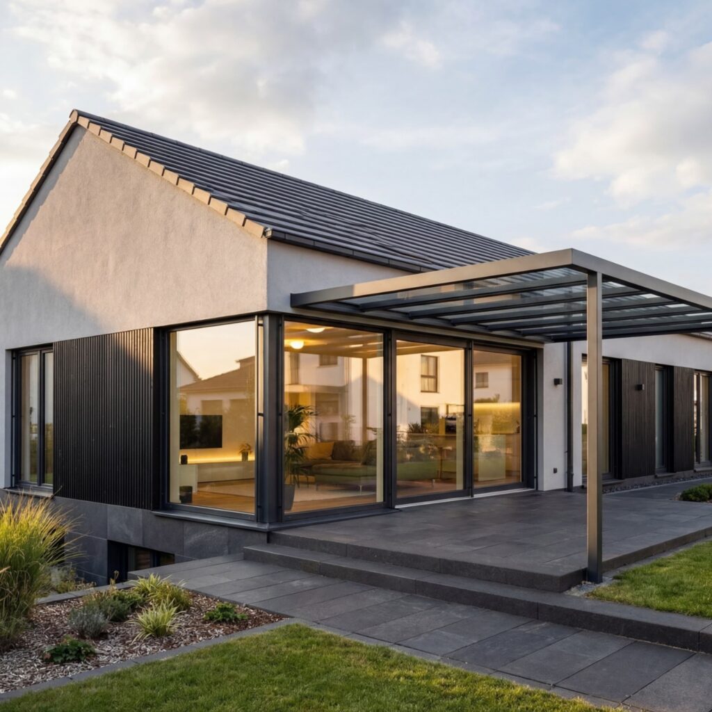 Bungalow Sonnenkamm 120 von BAVION Massivhaus mit Natursteinfassade, großer Glasfront und überdachter Terrasse