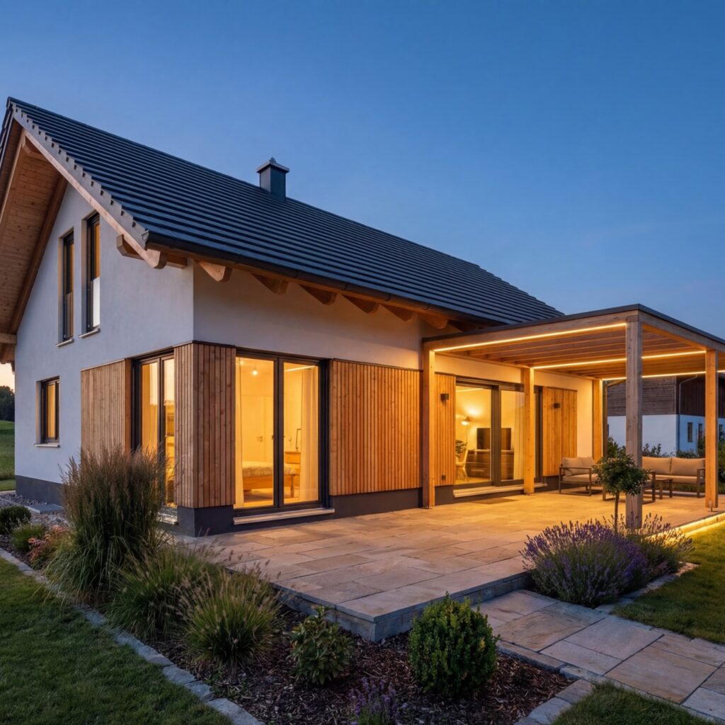 Bungalow Sonnenkamm 120 von BAVION Massivhaus mit Holzfassade und beleuchteter Pergola-Terrasse am Abend