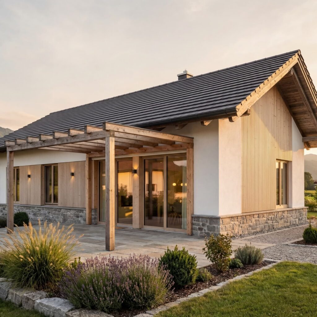 Bungalow Sonnenkamm 120 von BAVION Massivhaus mit Holzfassade, Natursteinsockel und überdachter Pergola-Terrasse