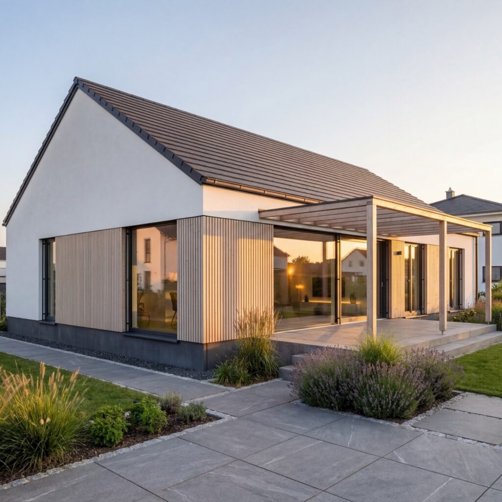 Moderner Bungalow Sonnenkamm 120 von BAVION Massivhaus mit Holzfassade, großer Glasfront und überdachter Terrasse im Abendlicht