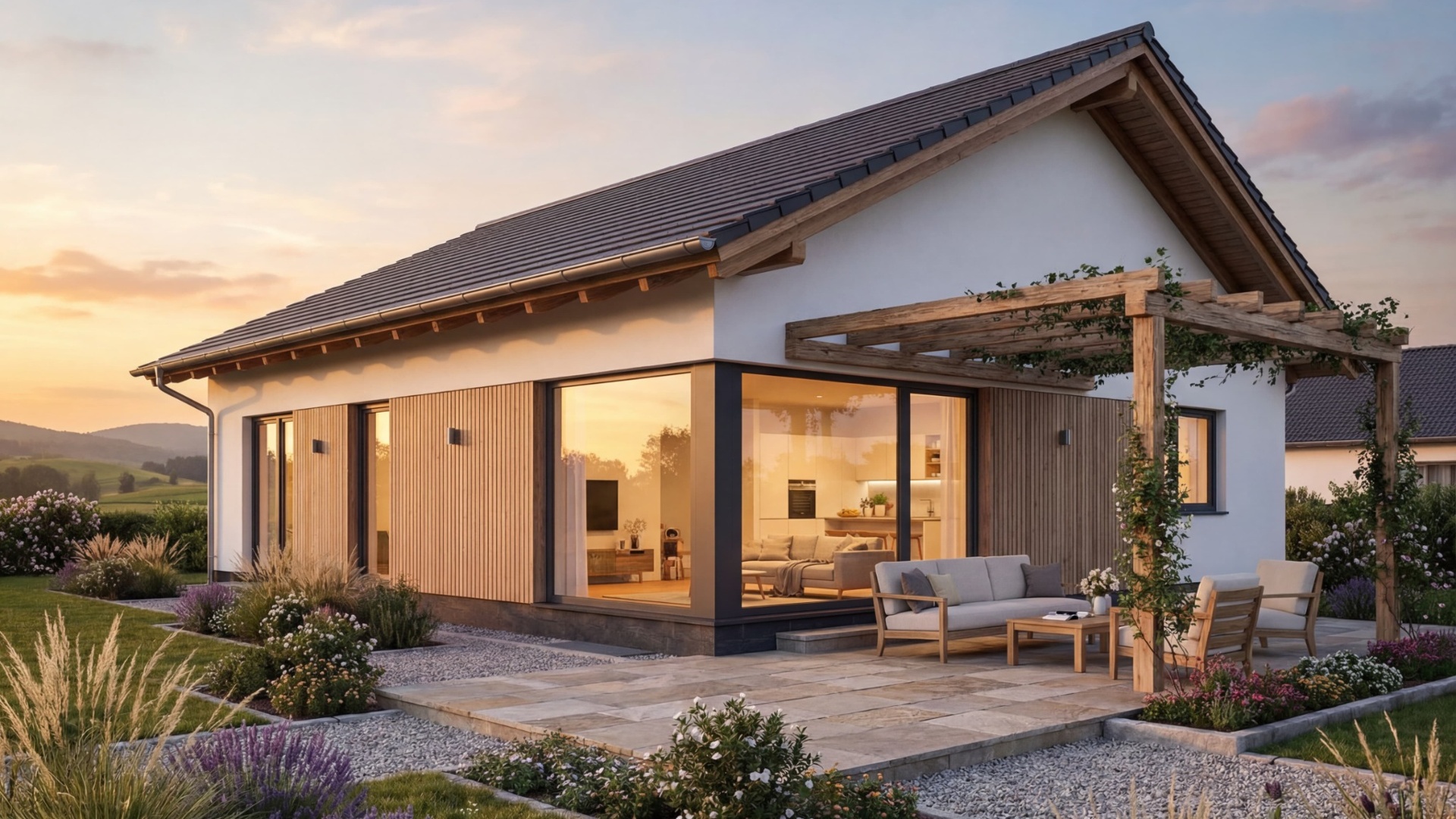 Moderner Bungalow Sonnenkamm 120 von BAVION Massivhaus mit großer Glasfront und Holzpergola auf der Terrasse bei Sonnenuntergang