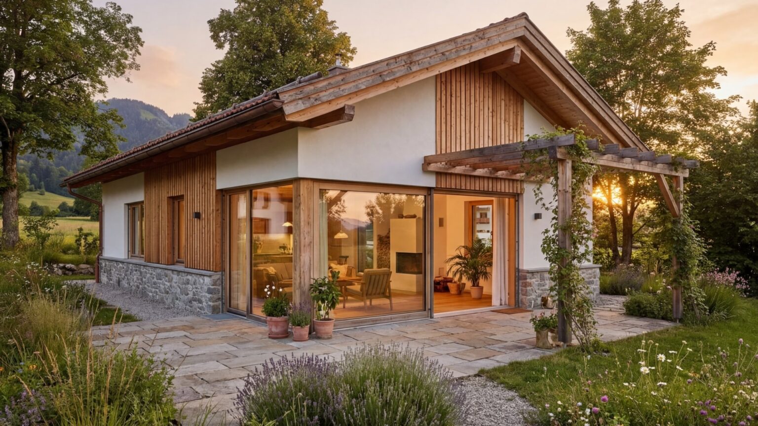 Moderner Bungalow Sonnenkamm 120 von BAVION Massivhaus mit Holzfassade, großen Fensterfronten und Pergola auf der Terrasse im Abendlicht