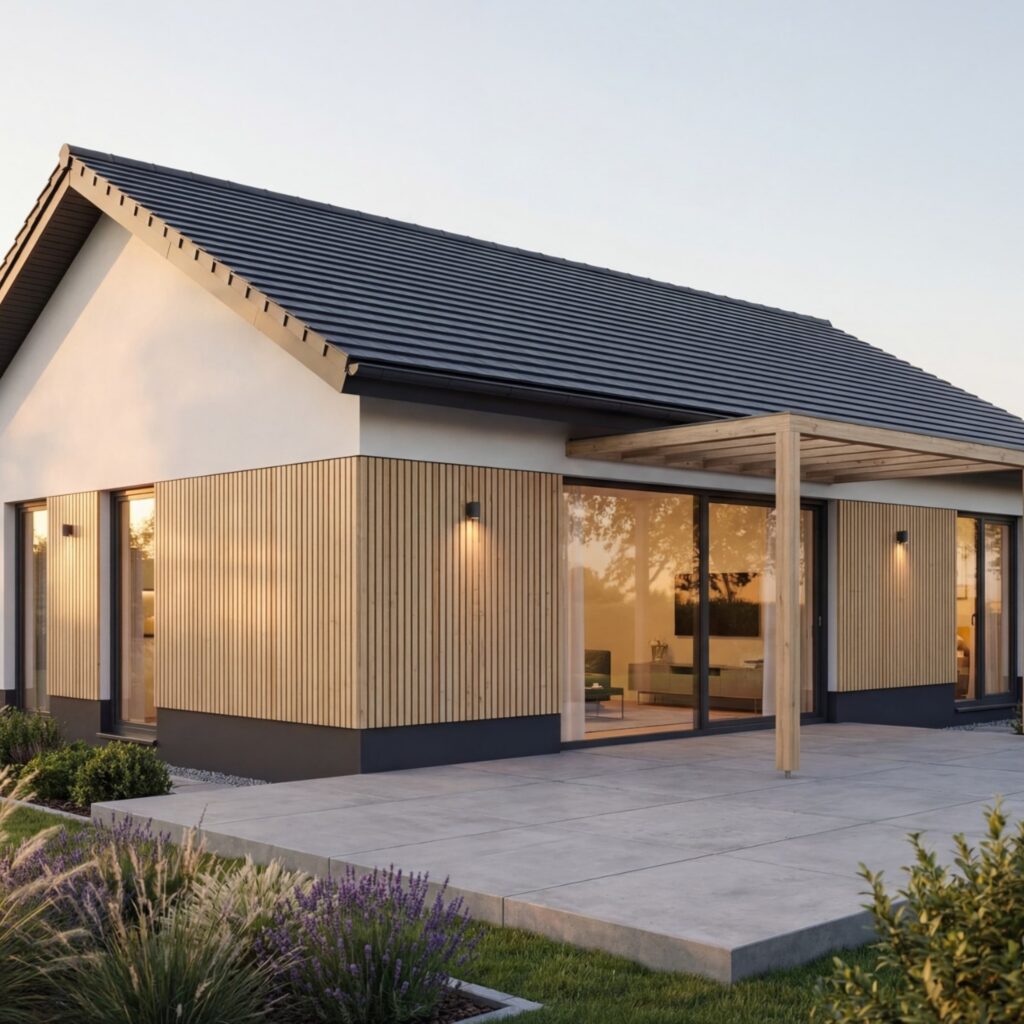 Moderner Bungalow Sonnenkamm 120 von BAVION Massivhaus mit Holzfassade, großer Terrasse und bodentiefen Fenstern