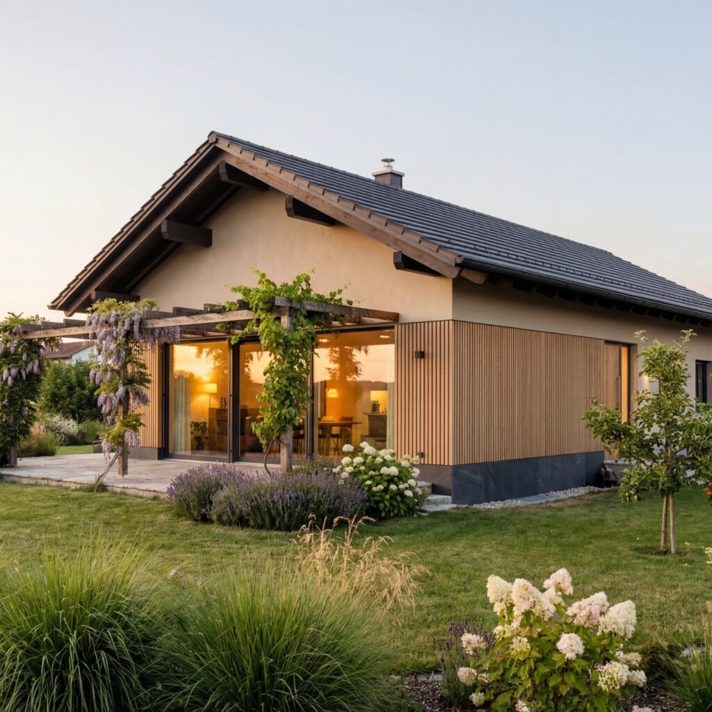 Bungalow Sonnenkamm 120 von BAVION Massivhaus mit Holzfassade, Pergola und großem Garten bei Abendstimmung