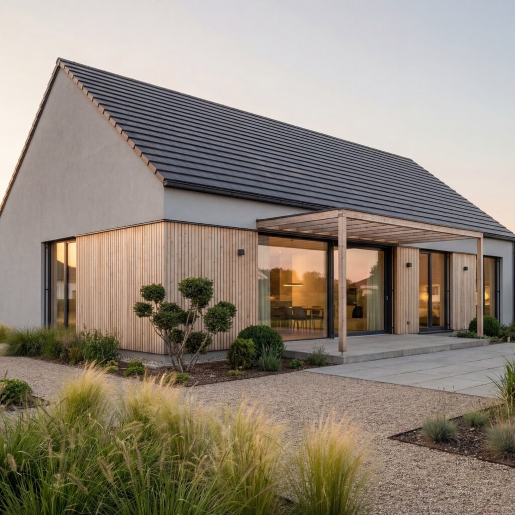 Moderner Bungalow Sonnenkamm 120 von BAVION Massivhaus mit Holzfassade, großer Glasfront und überdachter Terrasse