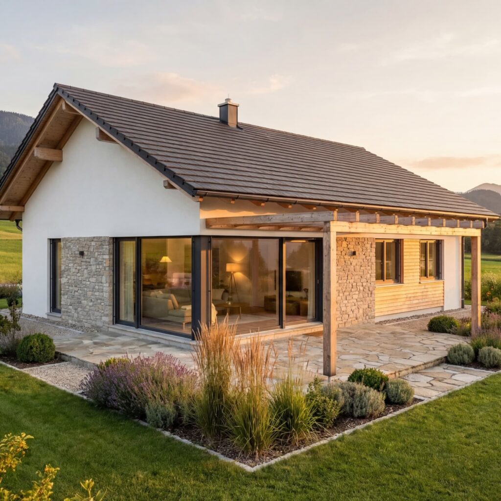 Bungalow Sonnenkamm 120 von BAVION Massivhaus mit Natursteinfassade, großer Glasfront und überdachter Terrasse
