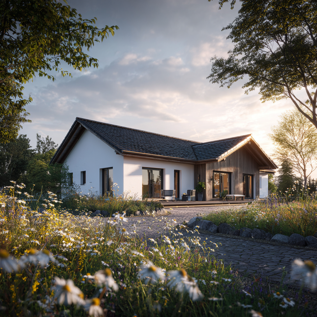 Moderner Bungalow mit Holzfassade und Satteldach in Wildblumenwiese bei Abendlicht.