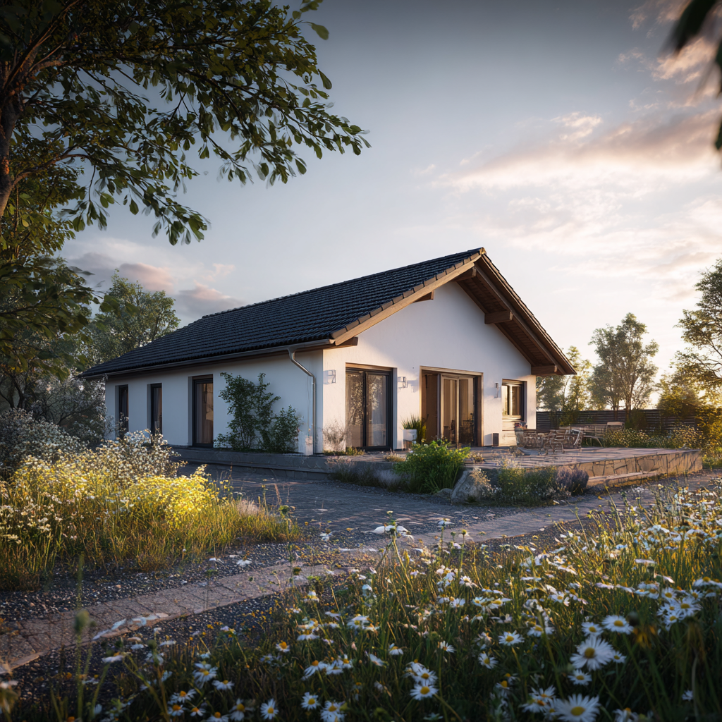 Moderner Bungalow mit Terrasse und Garten im Abendlicht, Wiesenblumen im Vordergrund.