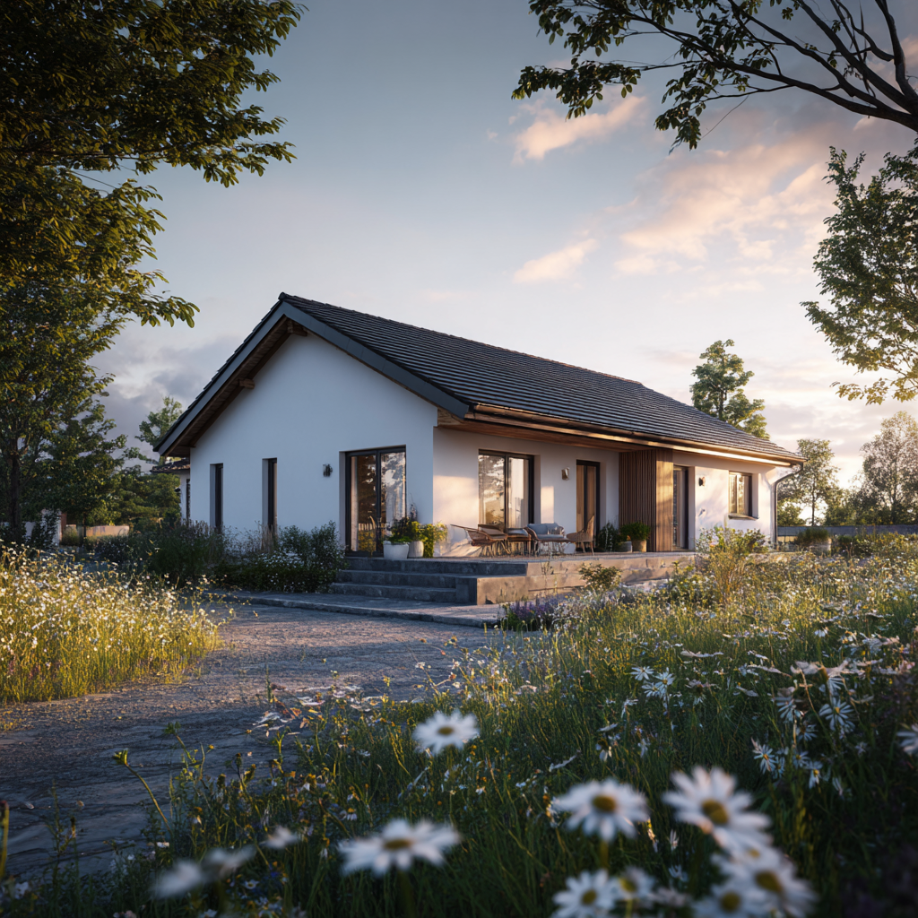Moderner Bungalow mit Satteldach und Terrasse in naturnahem Garten bei Abendsonne.