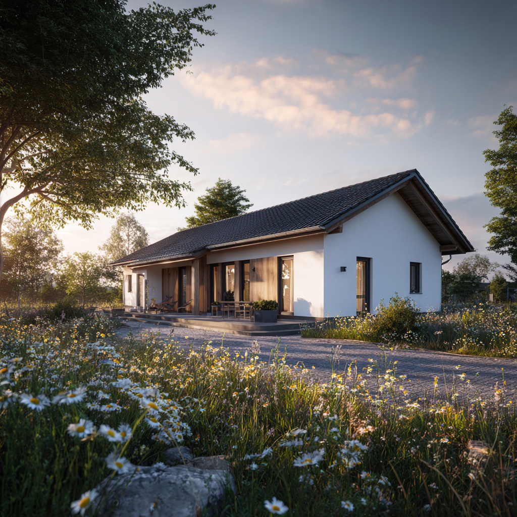 Moderner Bungalow mit Satteldach und Holzfassade in naturnahem Garten bei Abendlicht.