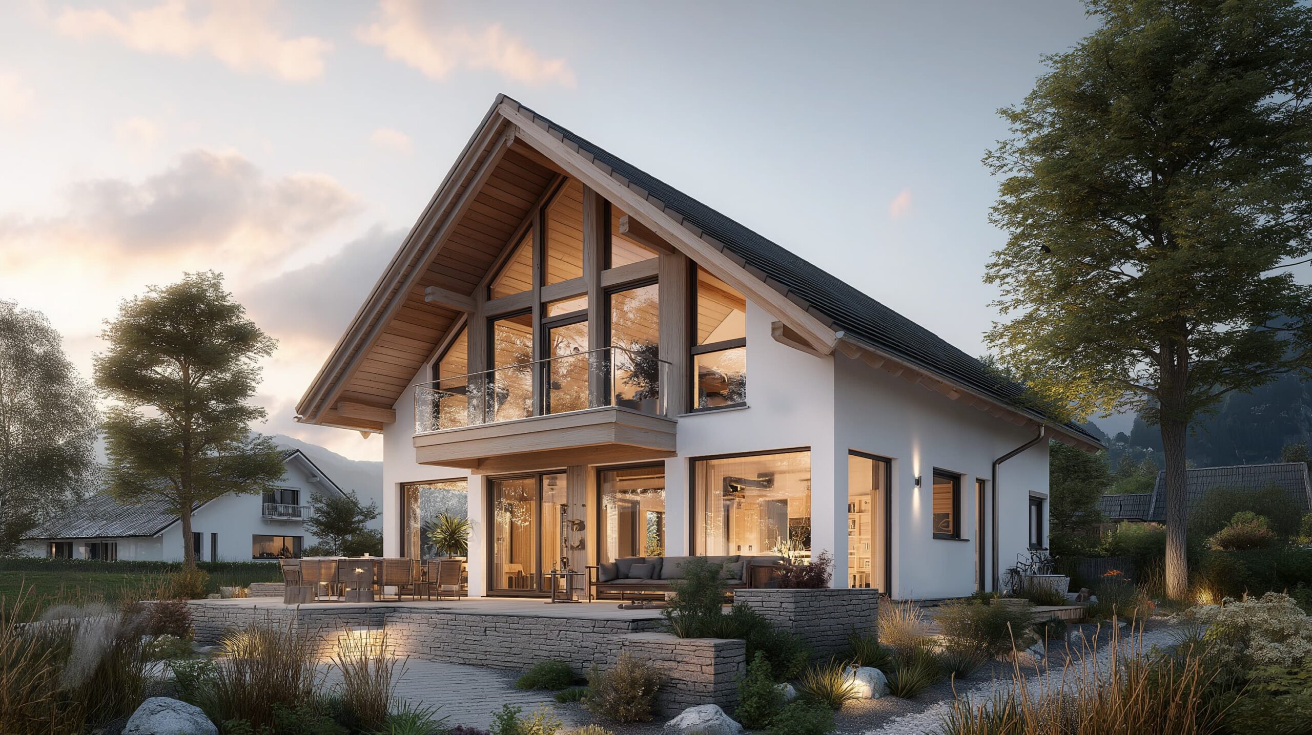 Modernes Einfamilienhaus mit Satteldach, großen Glasflächen und Balkon im alpinen Stil bei Sonnenuntergang.