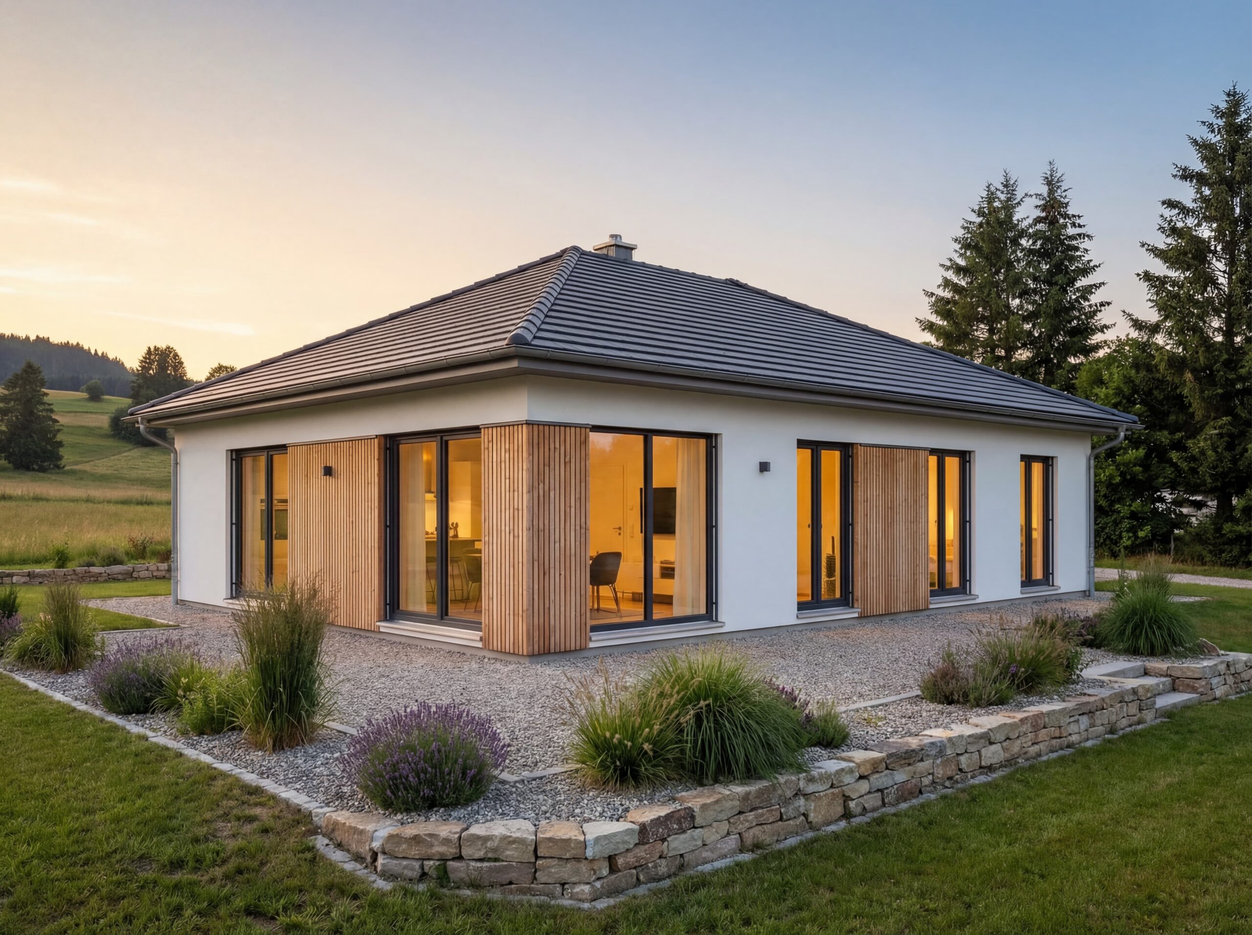 Moderner Bungalow mit Walmdach und großen Fensterfronten – Massivhaus in ruhiger, naturnaher Umgebung.