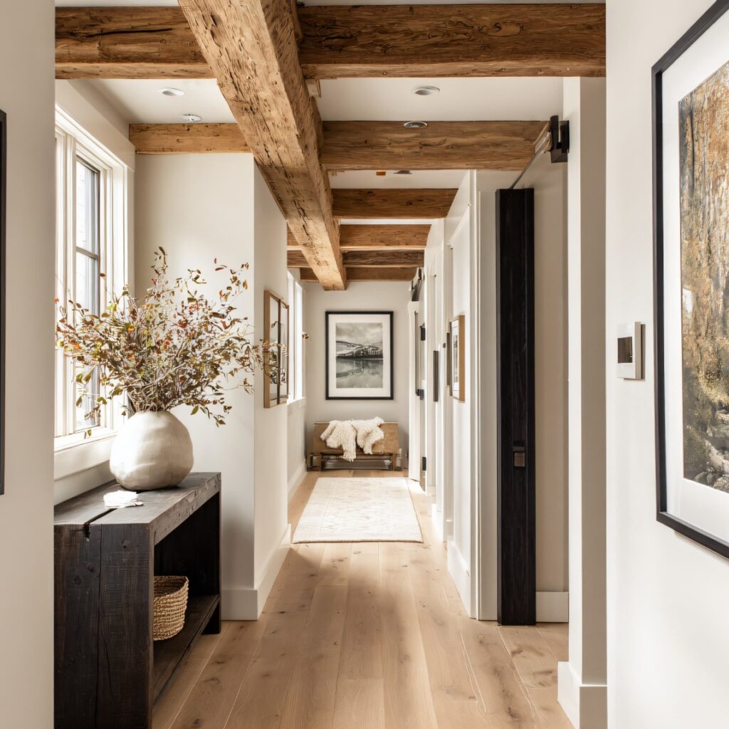 Heller Flur mit sichtbaren Holzbalken, Bildern an der Wand und Konsole mit Vase.