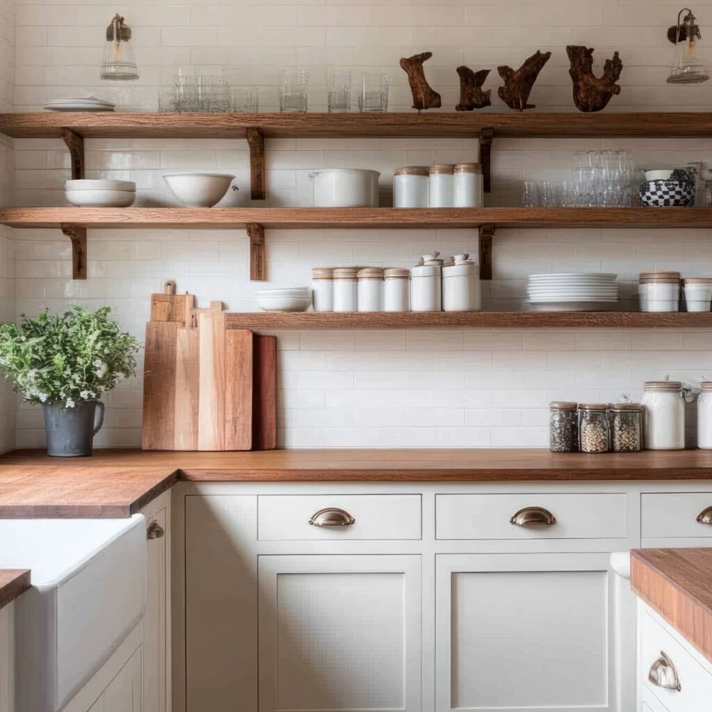 Helle Landhausküche mit Holzarbeitsplatte, offenen Regalen und Spüle am Fenster.