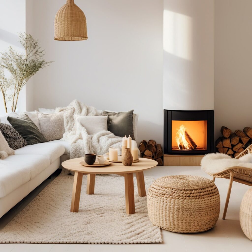 Helles Wohnzimmer mit Sofa, Couchtisch und Kaminfeuer, gemütliche Wohnatmosphäre.