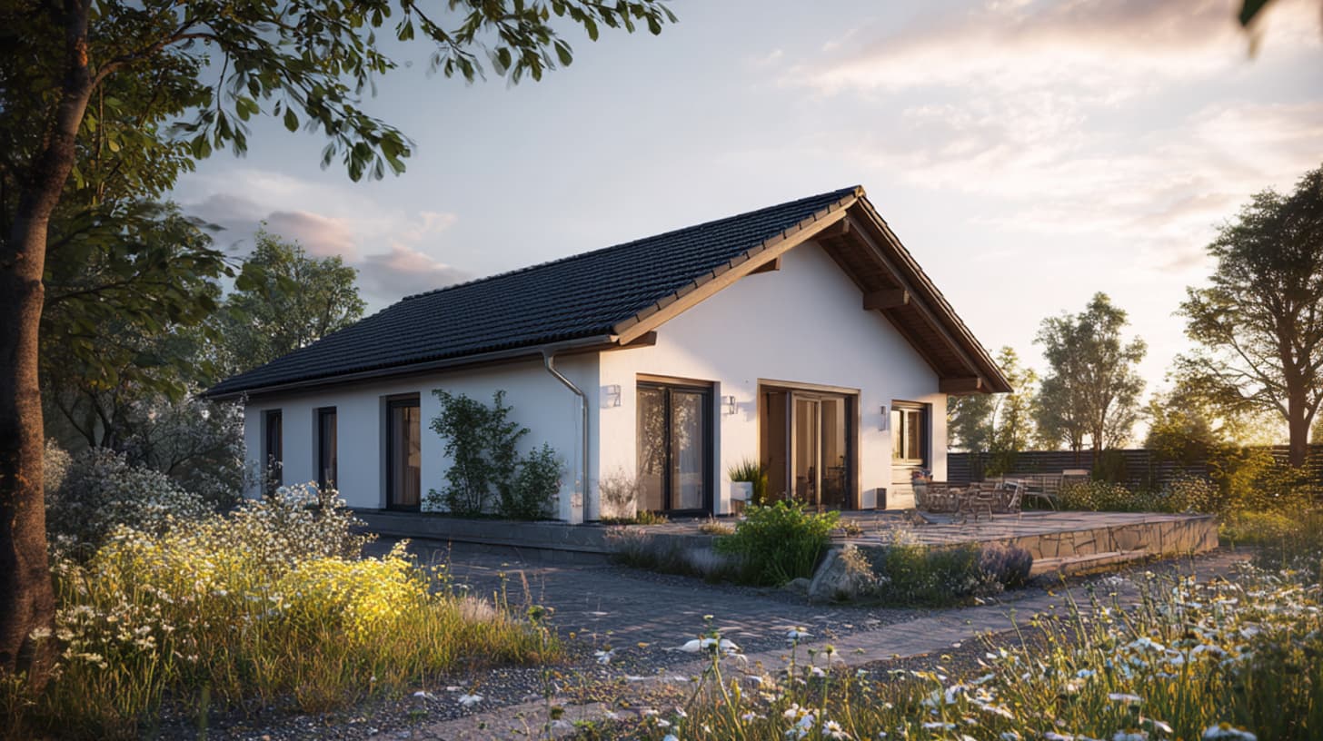Moderner Bungalow mit weißem Putz und dunklem Satteldach, umgeben von Wiesenblumen und natürlicher Gartenlandschaft.