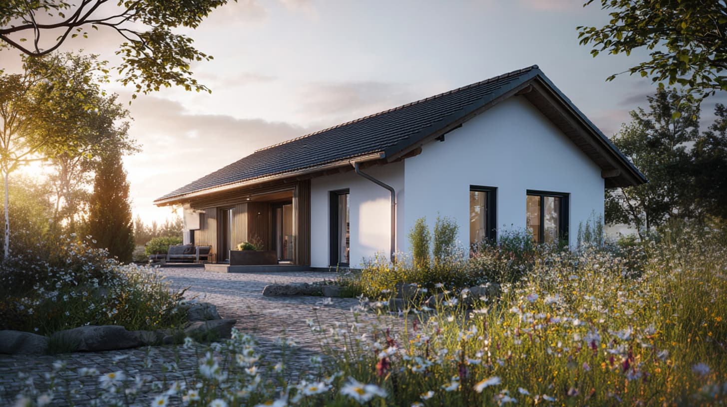 Modernes Einfamilienhaus im Bungalowstil mit weißer Fassade, großen Fensterfronten und Terrasse in naturnaher Gartenlandschaft bei Abendsonne.